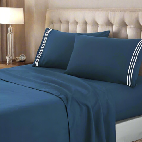 soft microfibre embroidered stripe sheet set queen sailor blue pillowcase white stripe