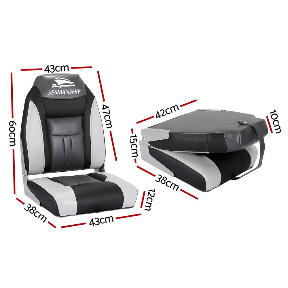 Seamanship 2X Folding Boat Seats Marine Seat Swivel High Back 12cm Padding Black