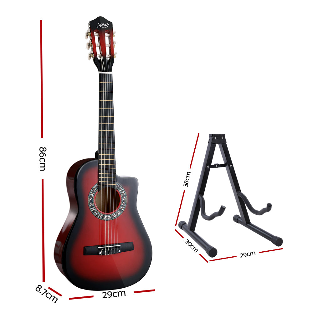 Alpha 34-inch Classical Guitar - Red Wooden Body with Stand measurements