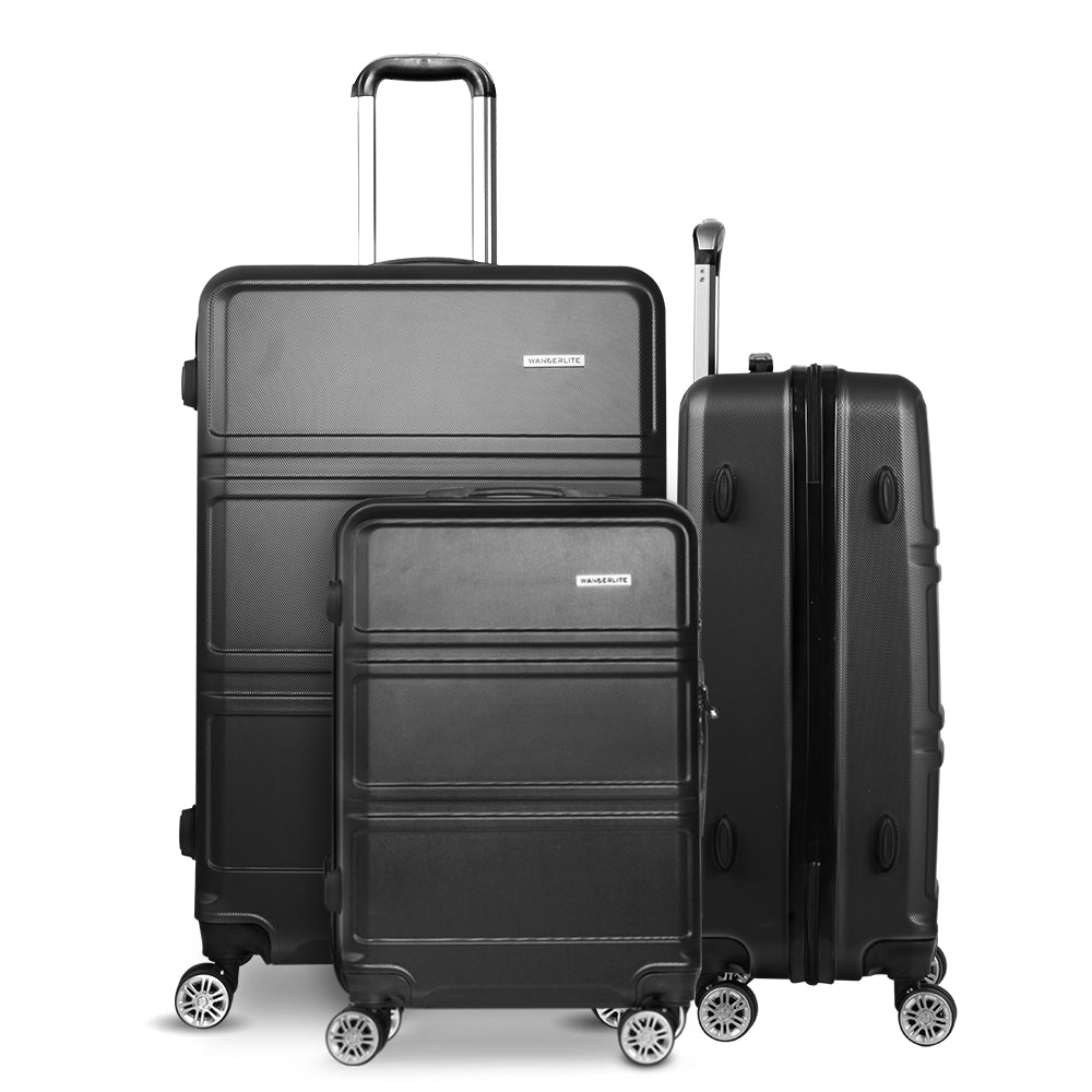 Wanderlite 3pc Luggage Trolley Set Suitcase Travel TSA Carry On Hard Case Lightweight Black