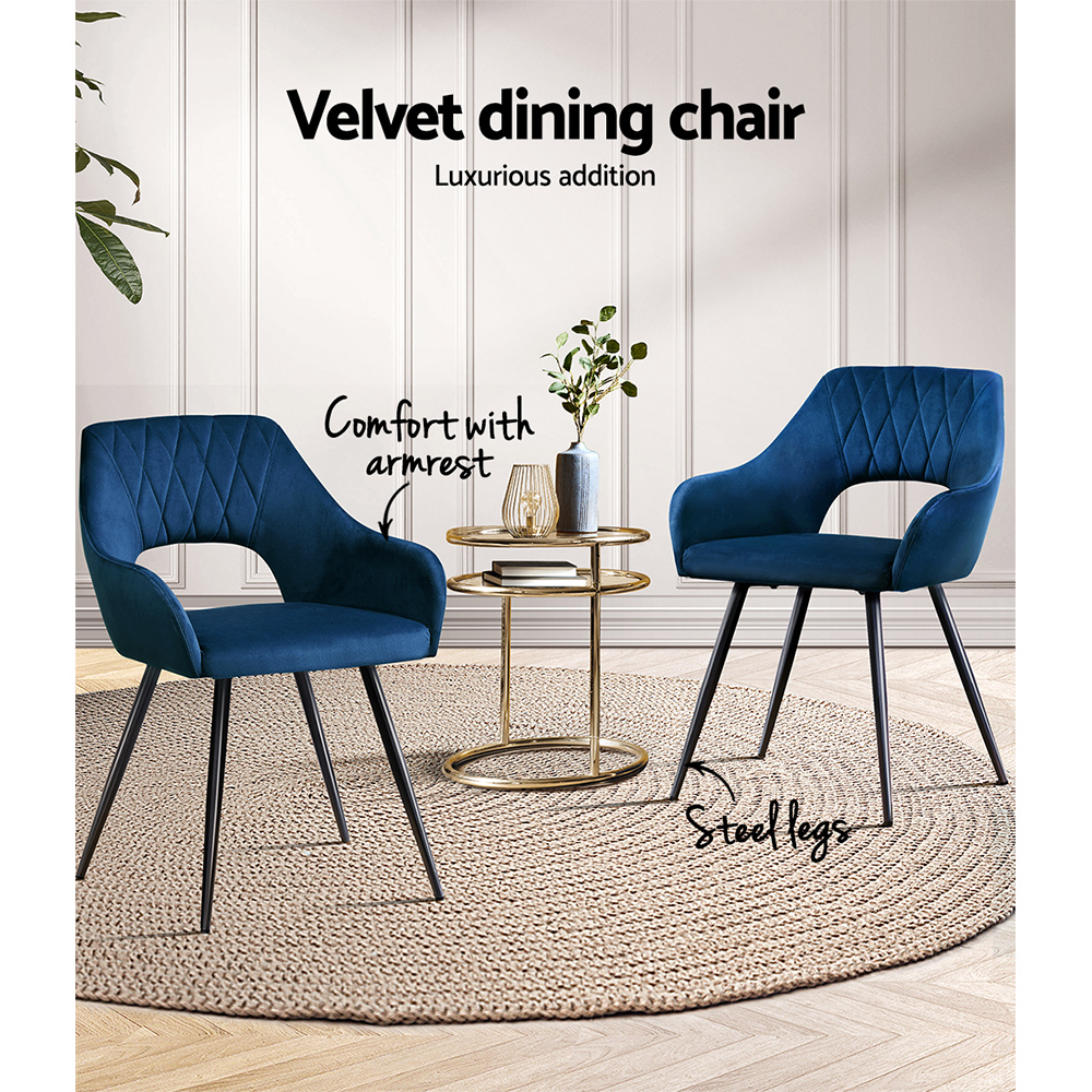 Artiss Dining Chairs Set of 2 Velvet Hollow Armchair Blue