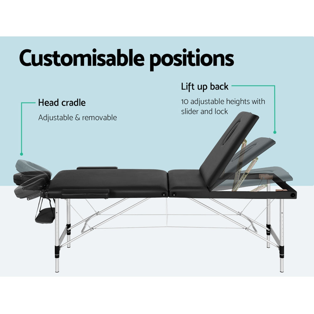 Zenses Massage Table 85cm Portable 3 Fold Aluminium Beauty Bed Black