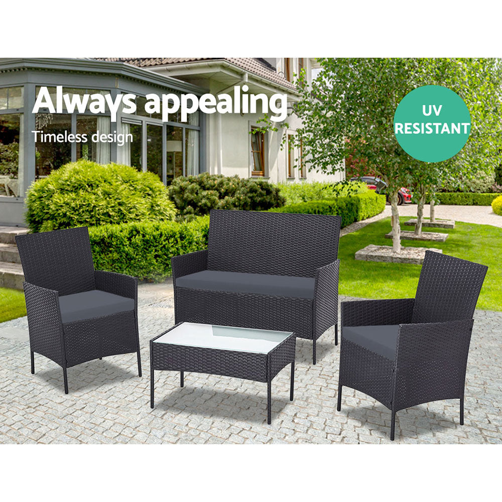 Gardeon 4 PCS Outdoor Sofa Set Rattan Chair Table Setting Garden Furniture Black