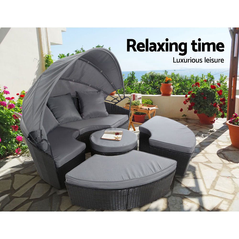 Gardeon Sun Lounge Setting Wicker Lounger Day Bed Patio Outdoor Furniture Black