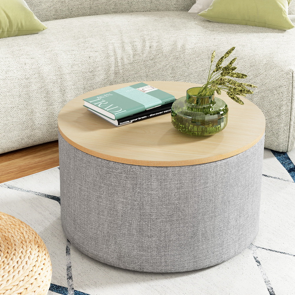 Artiss Storage Ottoman Blanket Box 60cm Linen Round Grey