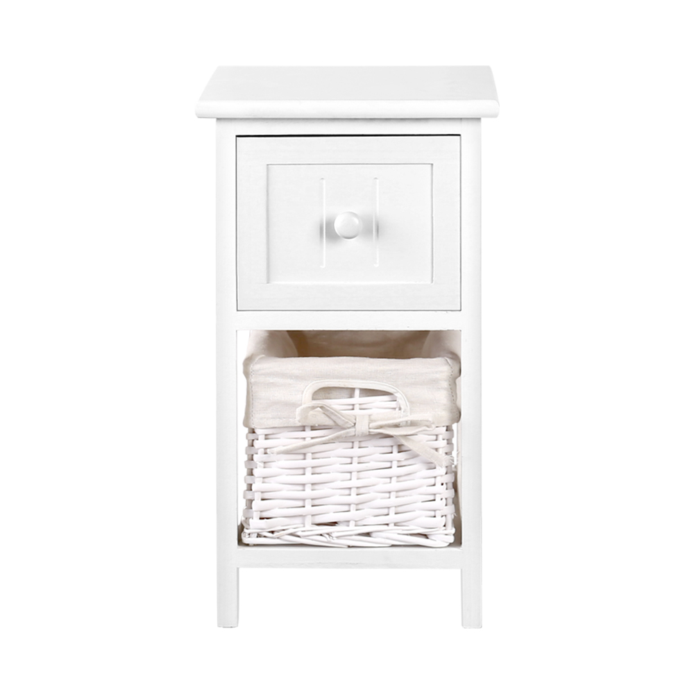 Artiss Bedside Table 1 Drawer with Basket Rustic White X2