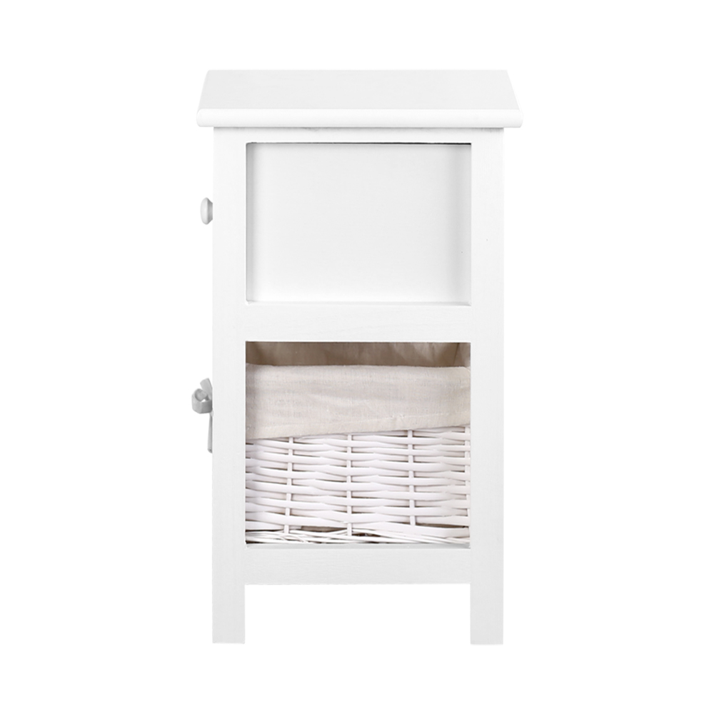 Artiss Bedside Table 1 Drawer with Basket Rustic White X2