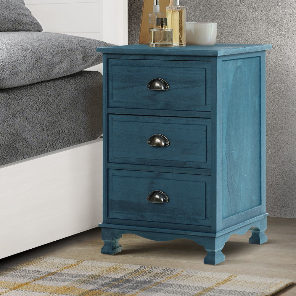 Artiss Bedside Table 3 Drawers Vintage - THYME Blue