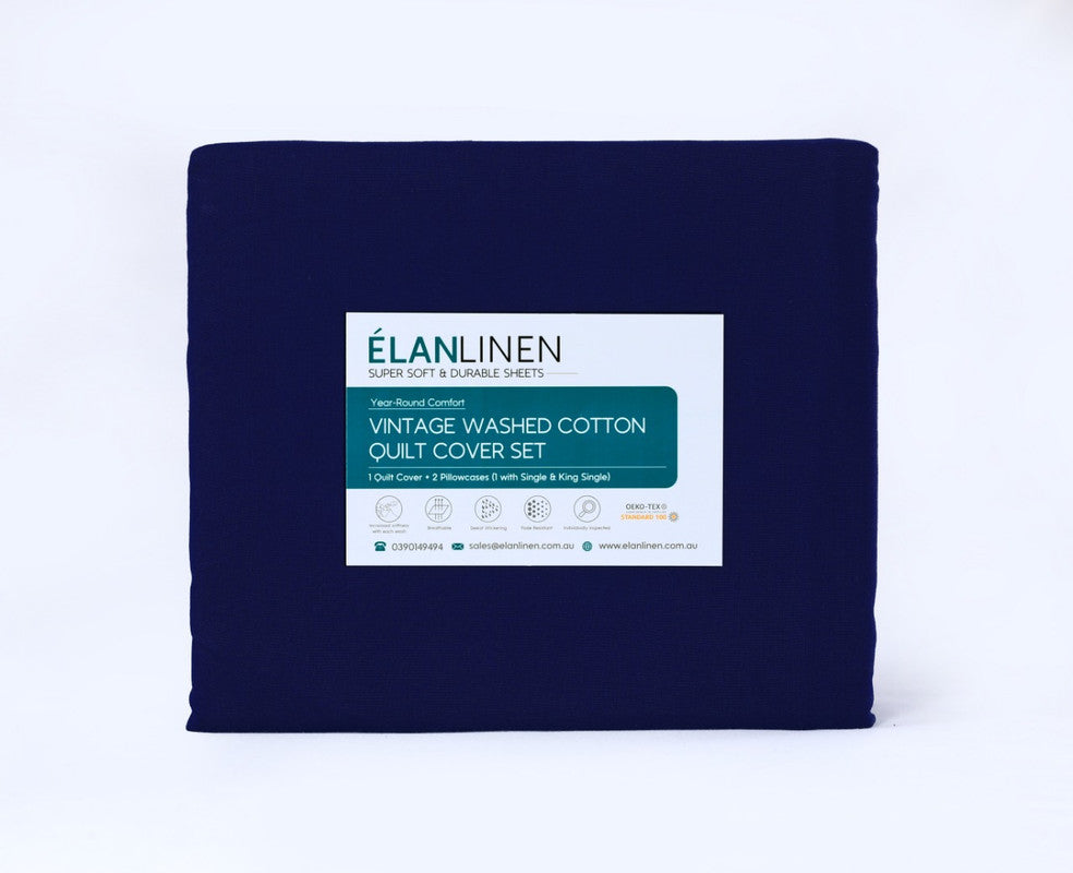 Elan Linen 100% Egyptian Cotton Vintage Washed 500TC Navy Blue King Single Bed Sheets Set