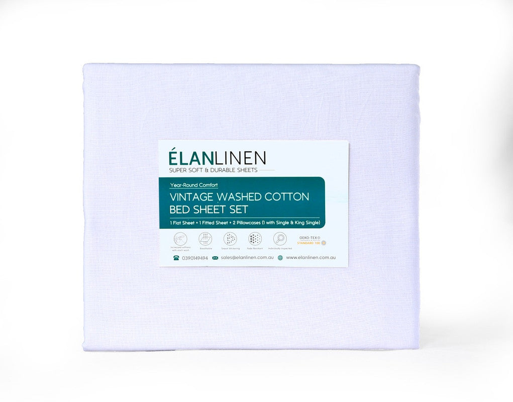 Elan Linen 100% Egyptian Cotton Vintage Washed 500TC White King Single Bed Sheets Set