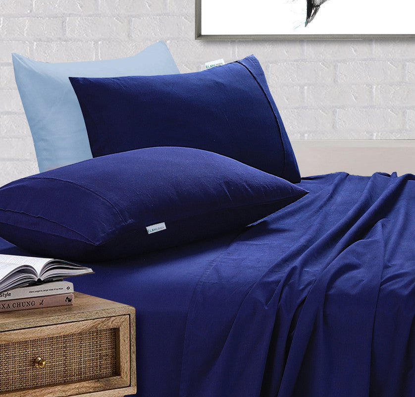 Elan Linen 100% Egyptian Cotton Vintage Washed 500TC Navy Blue 50 cm Deep Mega Queen Bed Sheets Set