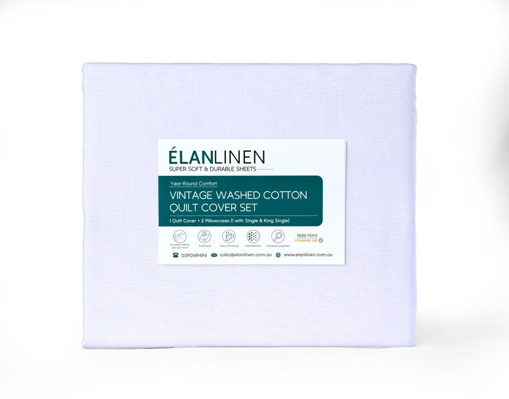 Elan Linen 100% Egyptian Cotton Vintage Washed 500TC White 50cm Deep Mega Queen Bed Sheets Set