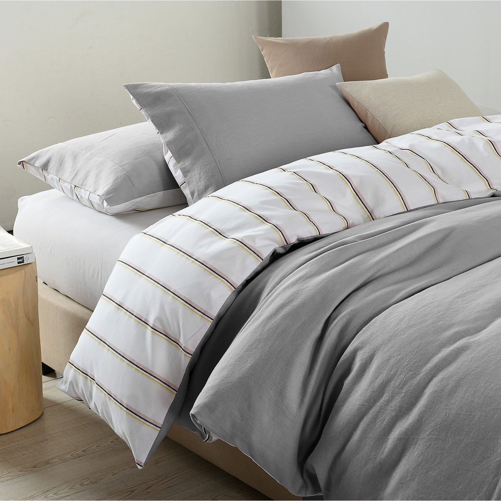 Royal Comfort Hemp Braid Cotton Blend Quilt Cover Set Reverse Stripe Bedding - Queen - Light Grey