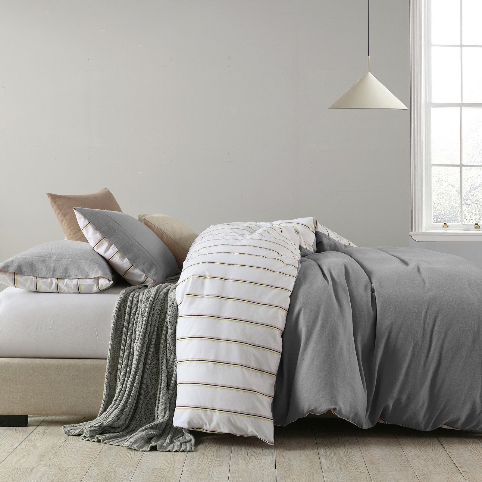 Royal Comfort Hemp Braid Cotton Blend Quilt Cover Set Reverse Stripe Bedding - King - Light Grey