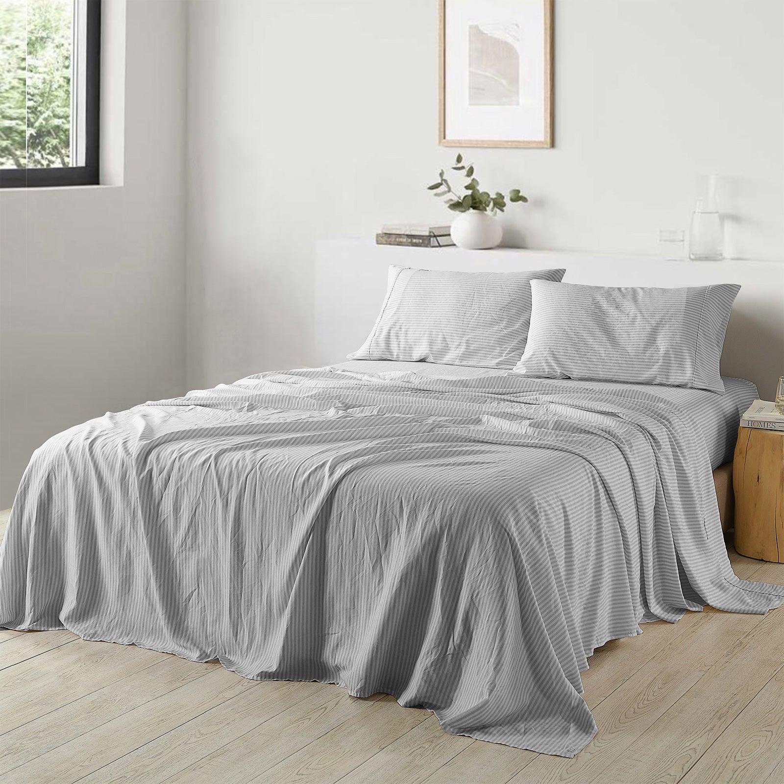 Royal Comfort Stripes Linen Blend Sheet Set Bedding Luxury Breathable Ultra Soft - King - Grey