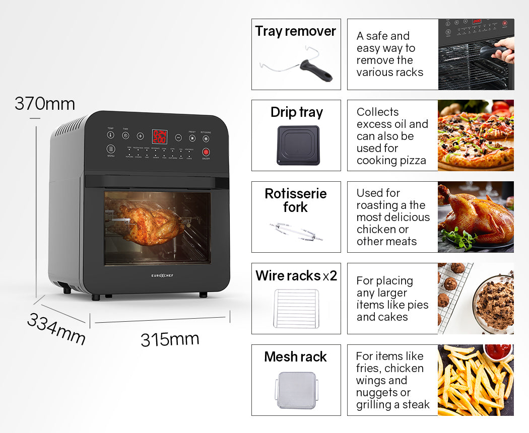 EUROCHEF 16L Air Fryer Electric Digital Airfryer Rotisserie Large Big Dry Black