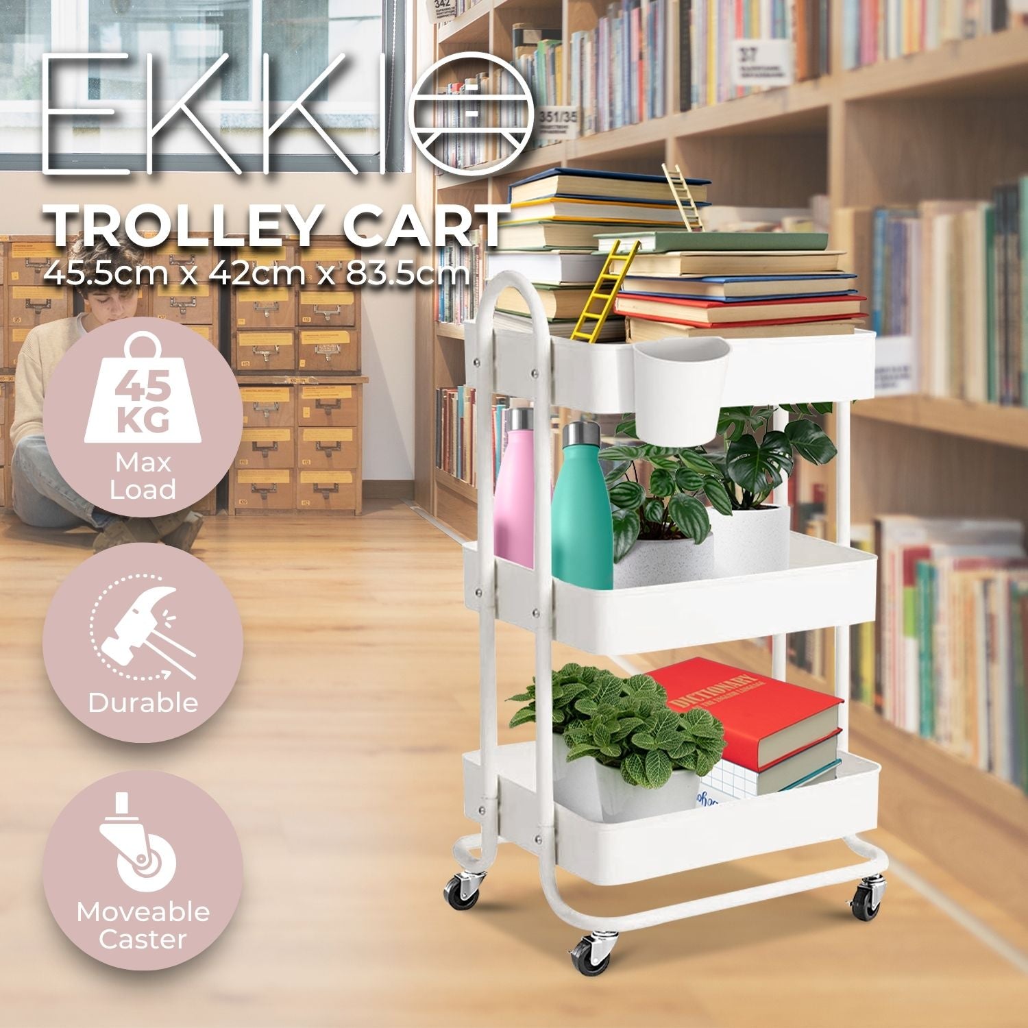 EKKIO Kitchen Trolley Cart 3 Tier (White)