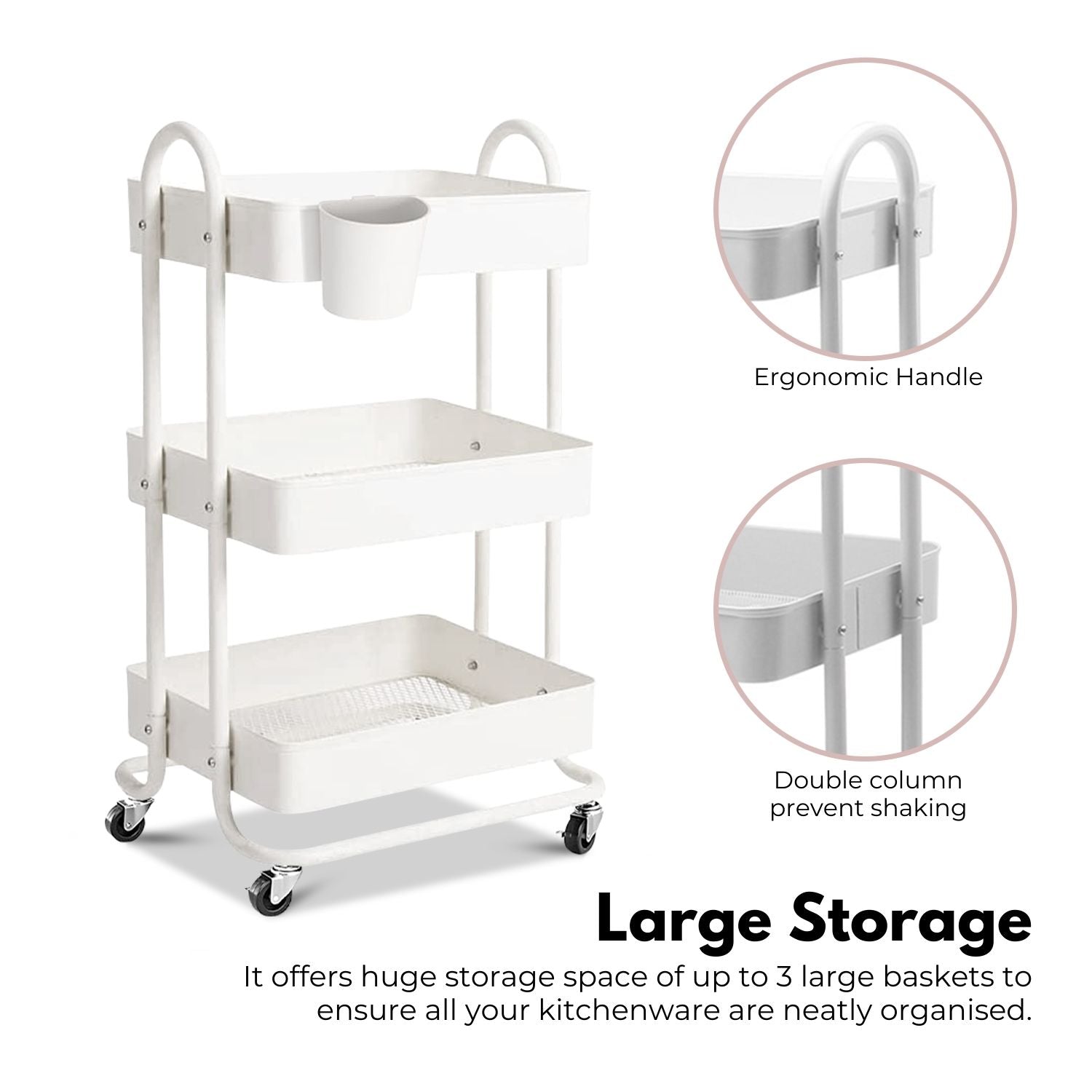 EKKIO Kitchen Trolley Cart 3 Tier (White)