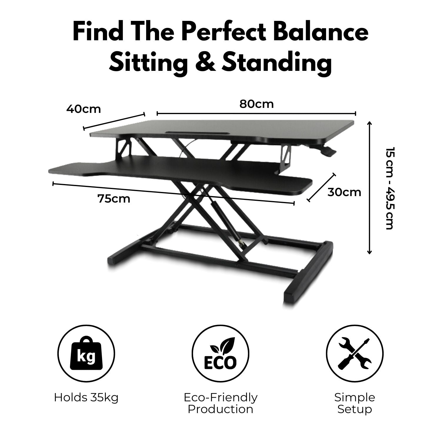 EKKIO Adjustable Standing Desk Riser with Gas Spring (Black)