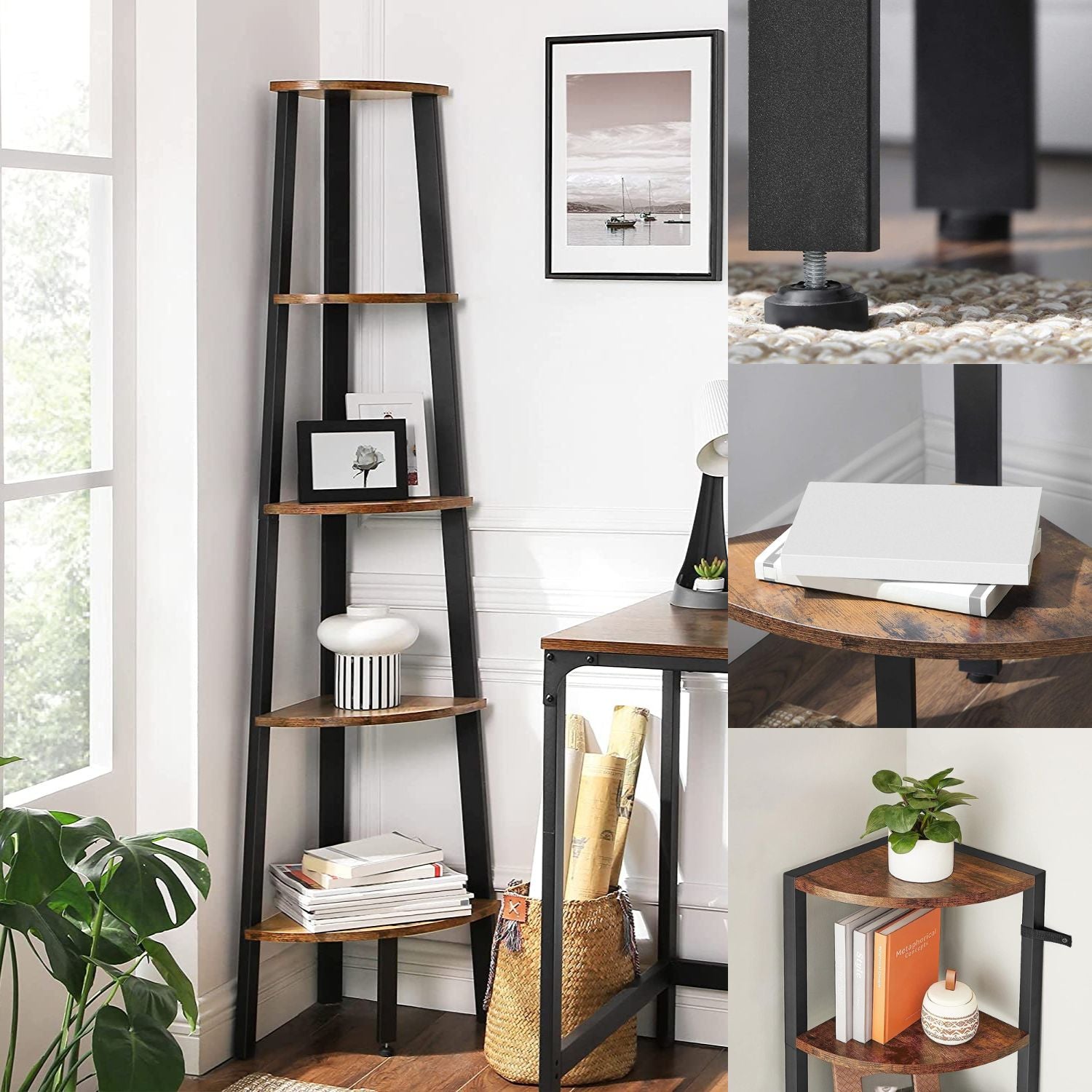 EKKIO 5 Tier Corner Ladder Shelf (Dark Brown)