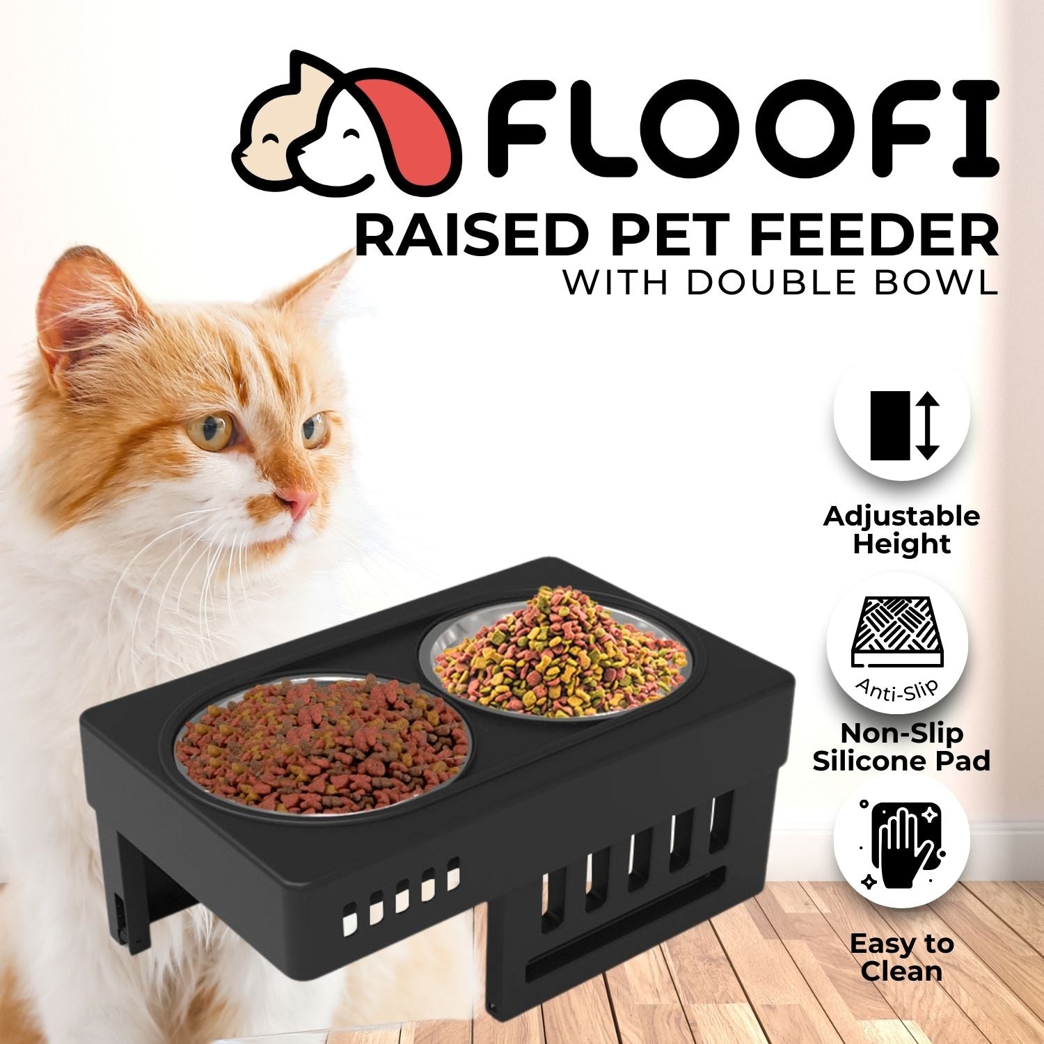 FLOOFI Elevated Raised Pet Feeder with Double Bowl (Black)