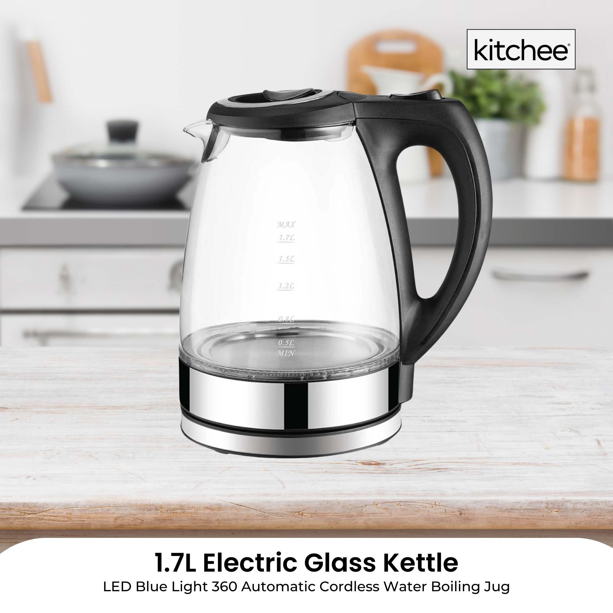 1.7L Electric Glass Kettle LED Blue Light 360 Automatic Cordless Water Boiling Jug