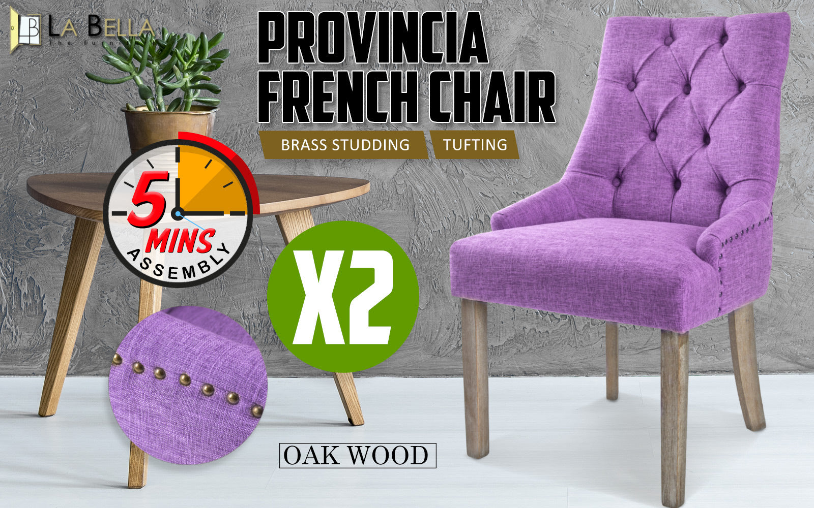 2X French Provincial Dining Chair Oak Leg AMOUR VIOLET