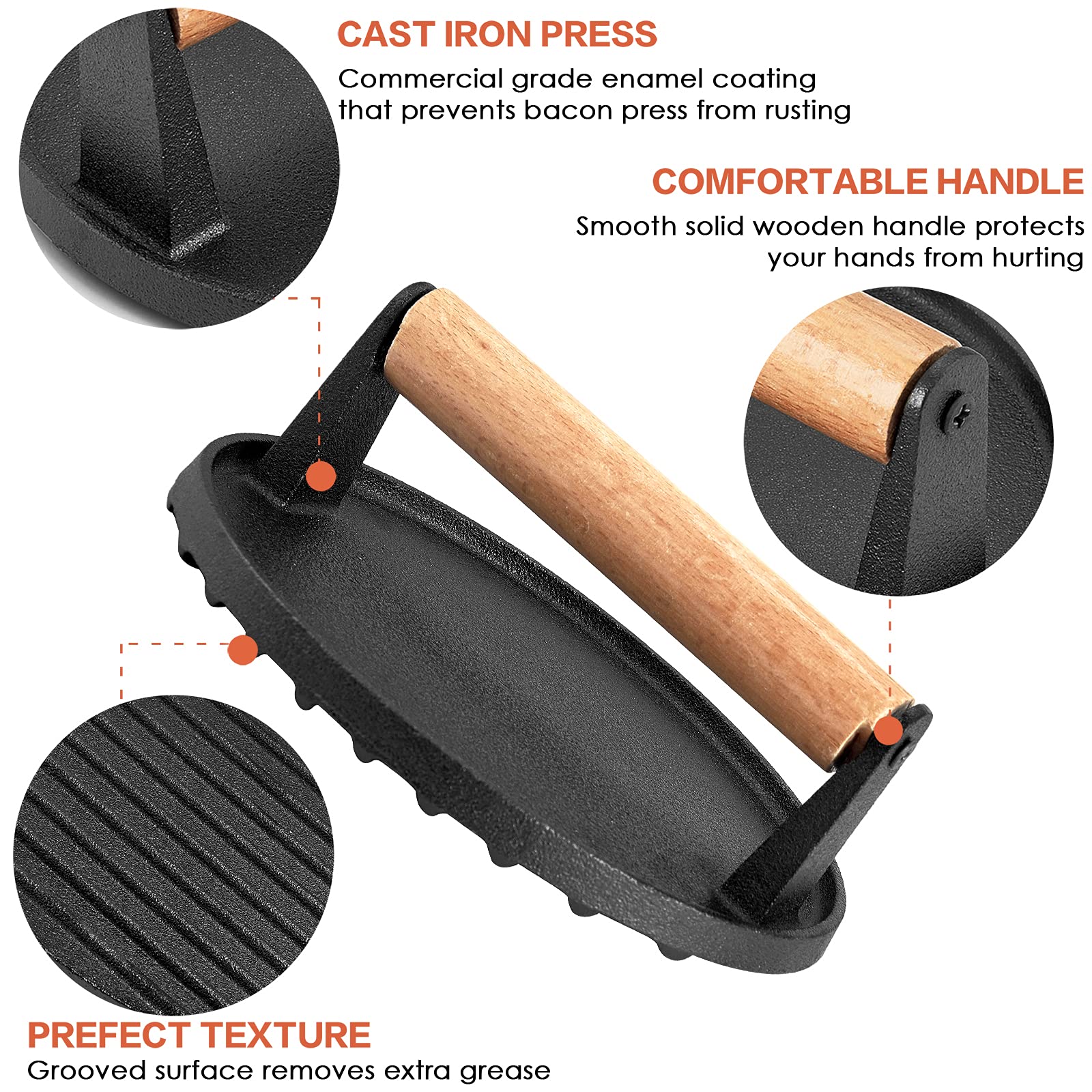 Heavy Duty Round Cast Iron Grill Burger Press Pre-Seasoned Steak Griddle BBQ Grilling