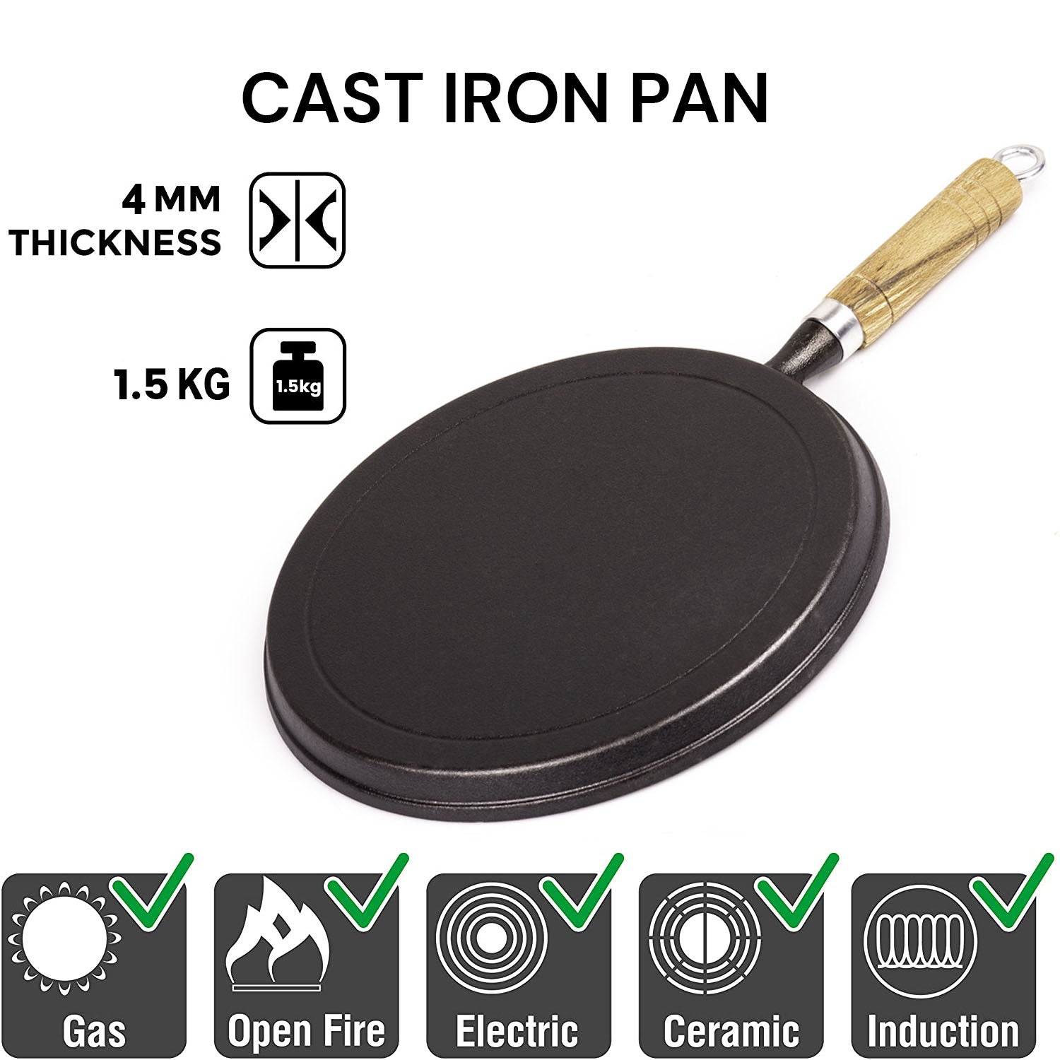 Pre-Seasoned 26cm Cast Iron Fry Pan Cookware Heat-Resistant Wooden Handle