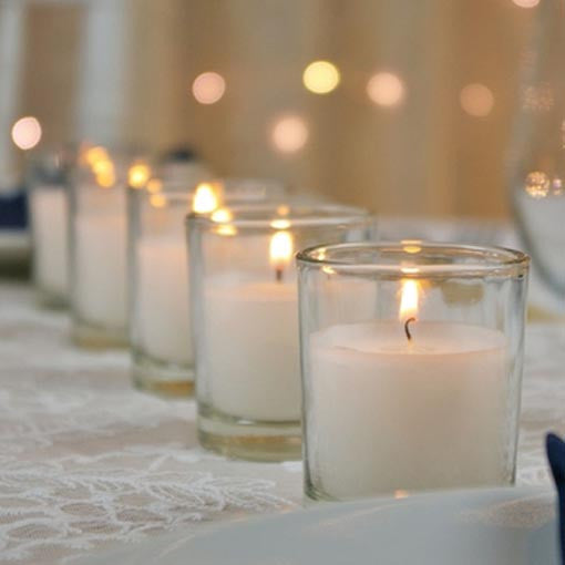 25 White Wax Clear Glass Holder Votive Candle - Wedding Event Centrepiece Table Decoration