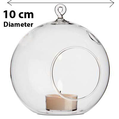 4 x Hanging Clear Glass Ball Tealight Candle Holder  - 10cm Diameter / High