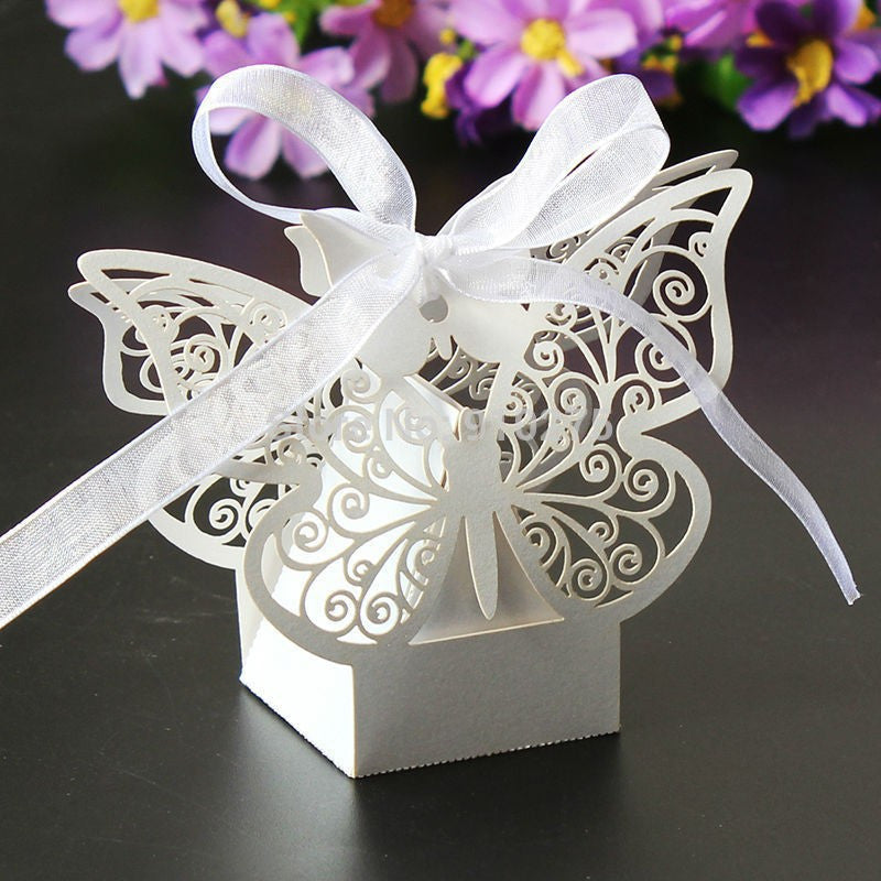 Ivory Cream Butterfly Bomboniere Favour Box - 10 Pack