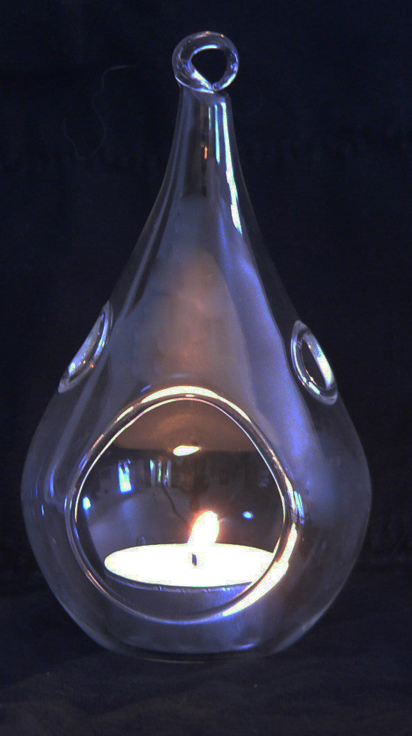 25 x Hanging Clear Glass Tealight Candle Holder Tear Drop Pear Hour Glass Shape - 20cm High