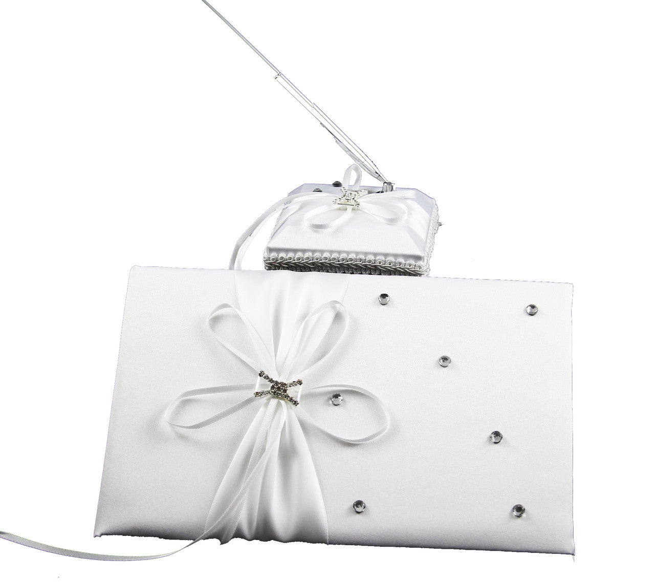 White Diamante Wedding Guest Book Register with Silver Pen Matching Stand