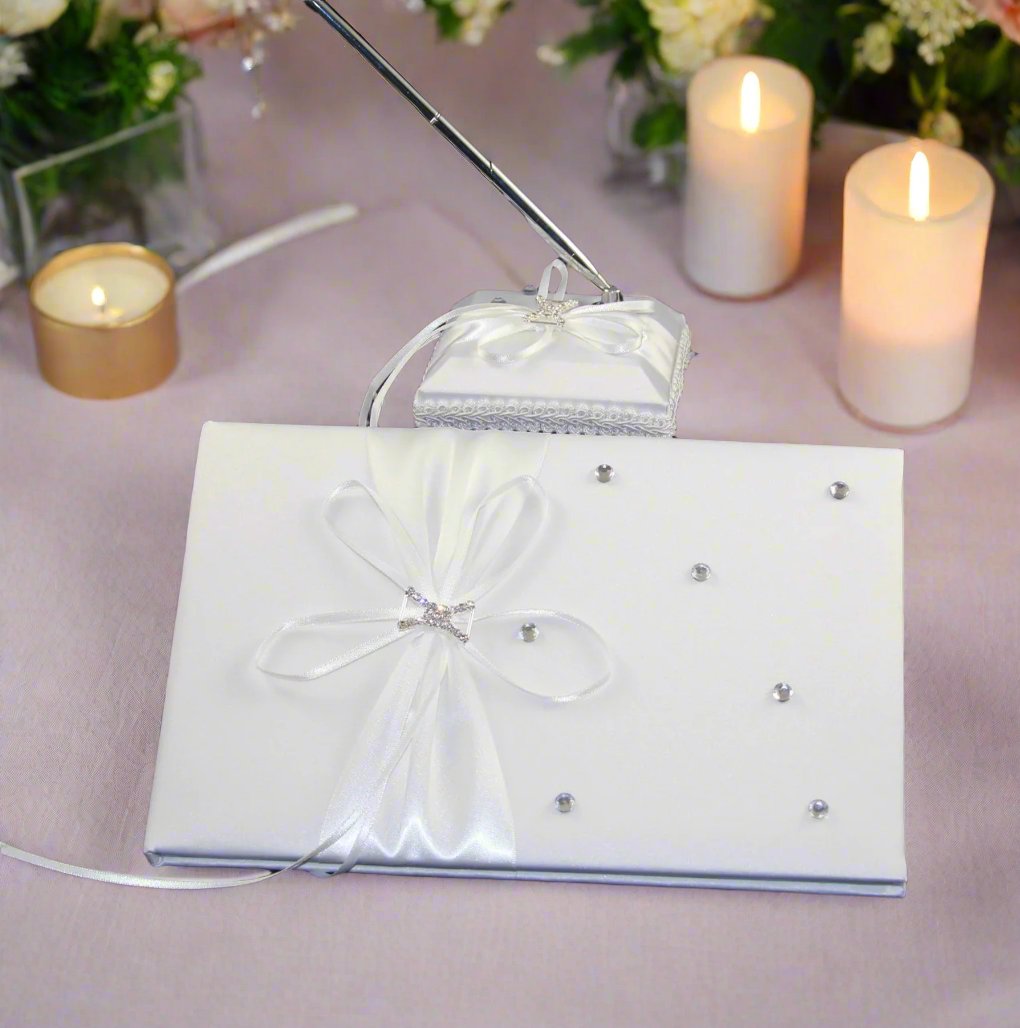 White Diamante Wedding Guest Book Register with Silver Pen Matching Stand