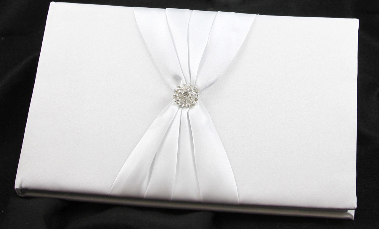 White with White Bow Wedding Guest Book Register with Silver Pen Matching Stand Set