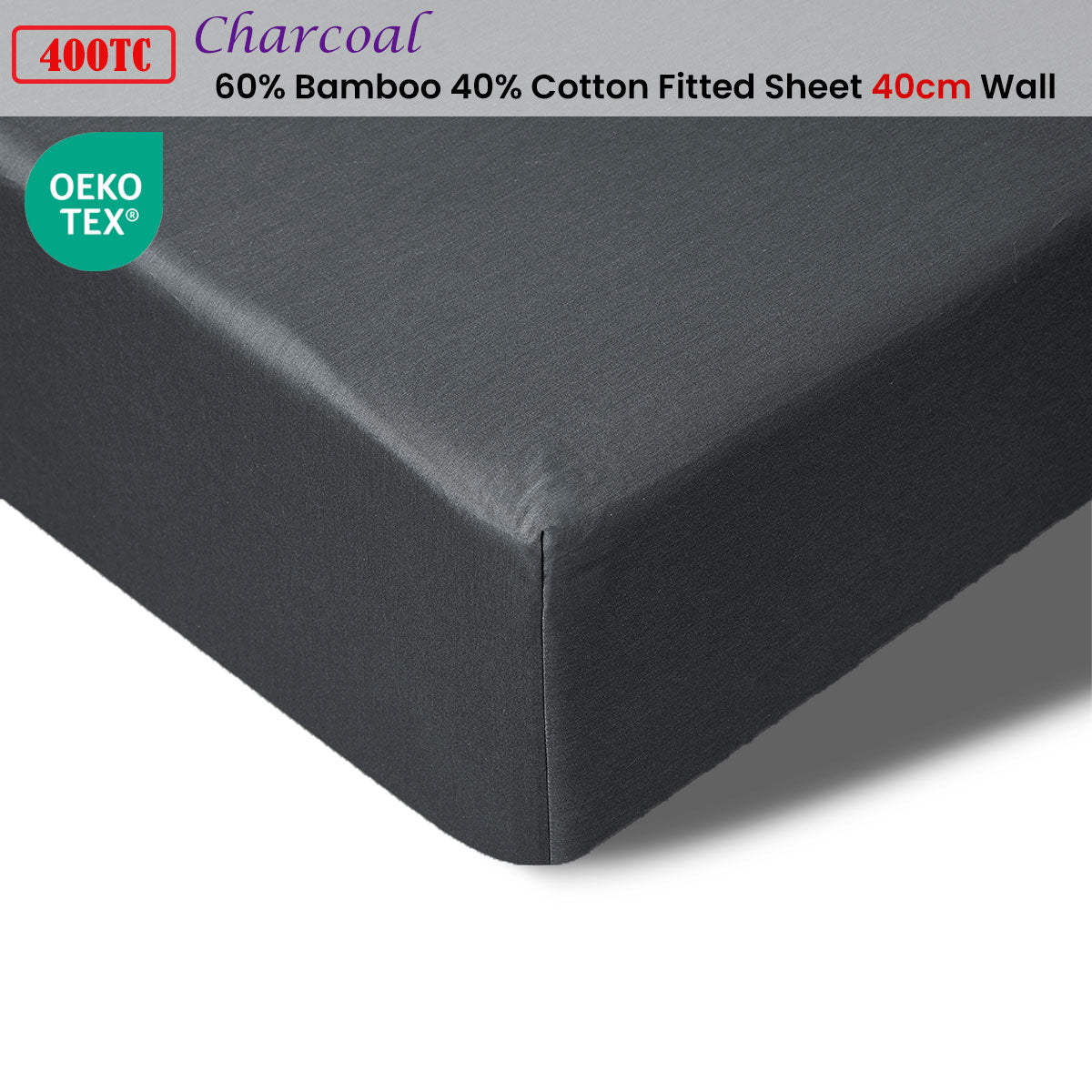 Accessorize 400TC Charcoal Bamboo Cotton Fitted Sheet 40cm Wall Queen