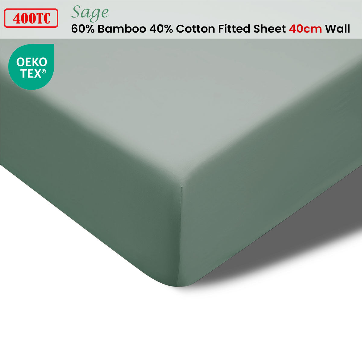 Accessorize 400TC Sage Bamboo Cotton Fitted Sheet 40cm Wall Single