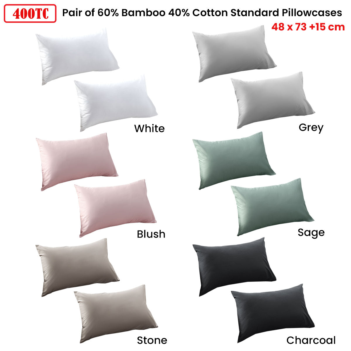 Accessorize Stone 400TC Bamboo Cotton Pair of Standard Pillowcases 48 x 73 + 15cm