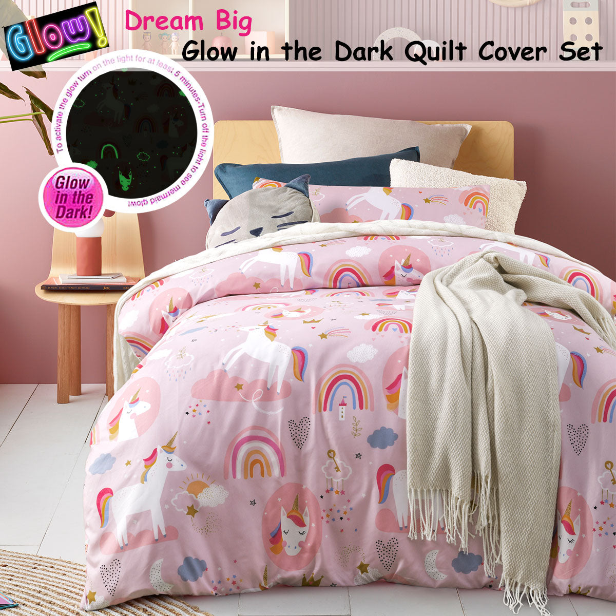 Happy Kids Dream Big Glow in the Dark Quilt Cover Set Double