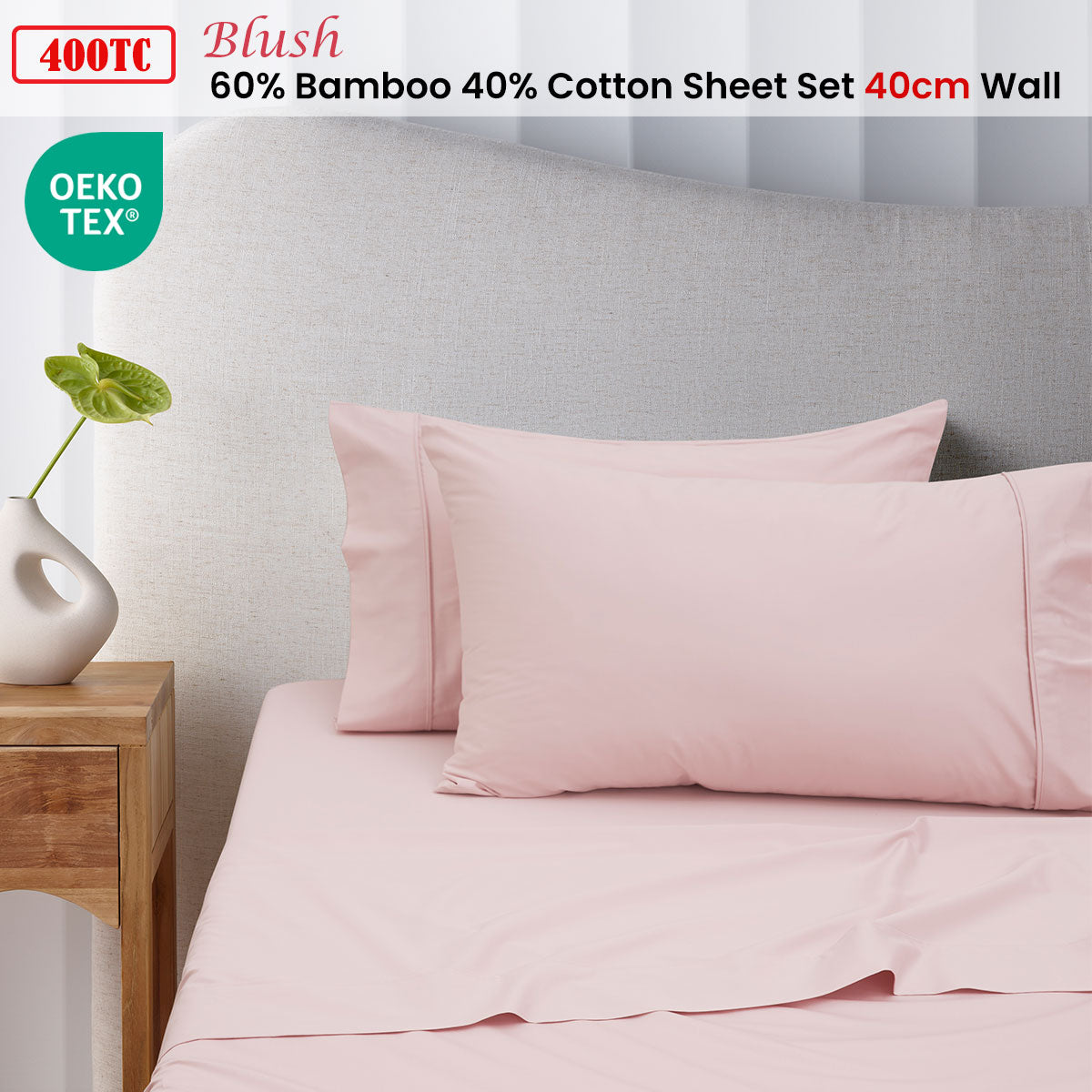 Accessorize 400TC Blush Bamboo Cotton Sheet Set 40cm Wall King