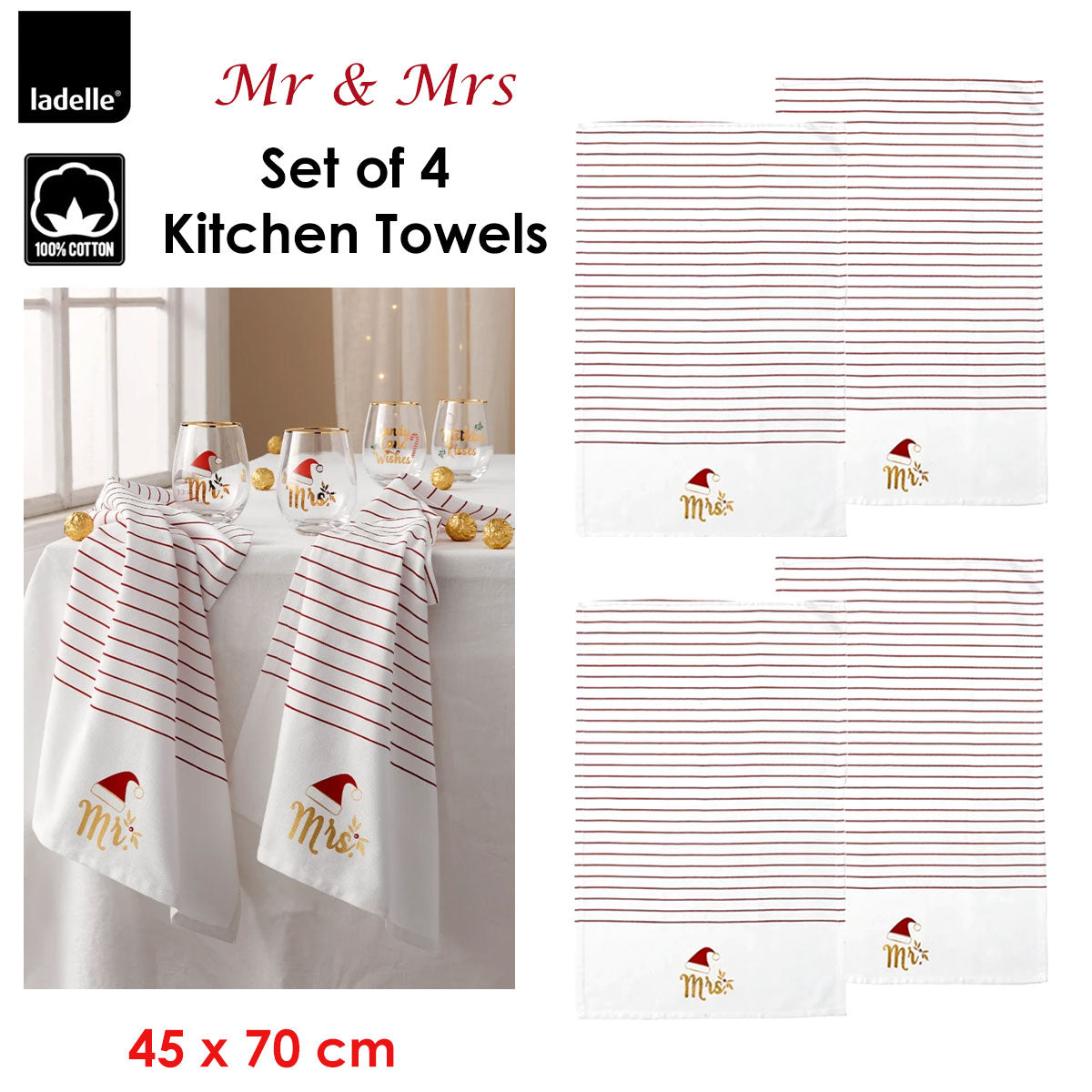 Ladelle Mr & Mrs Christmas Hat Set of 4 Cotton Kitchen Towels 45 x 70 cm