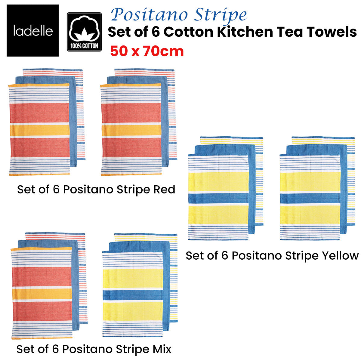 Ladelle Set of 6 Positano Stripe Cotton Kitchen Tea Towels 50 x 70 cm Mix