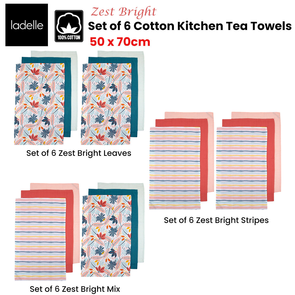 Ladelle Set of 6 Zest Bright Cotton Kitchen Tea Towels 50 x 70 cm Mix