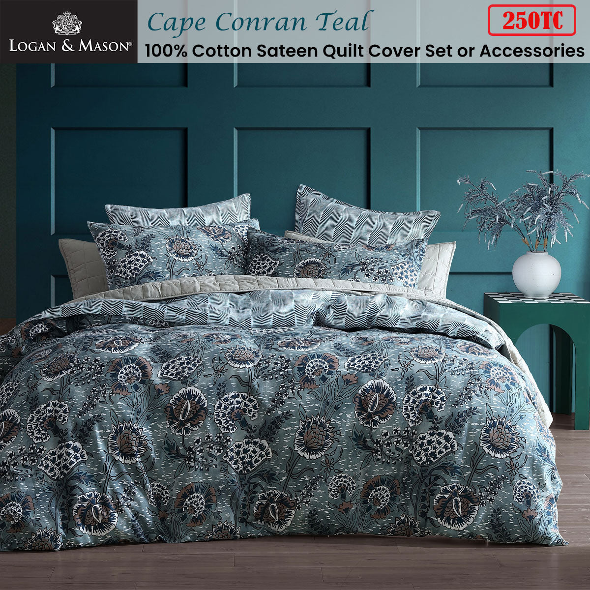 Logan & Mason Cape Conran Teal 250TC 100% Cotton Sateen Quilt Cover Set King