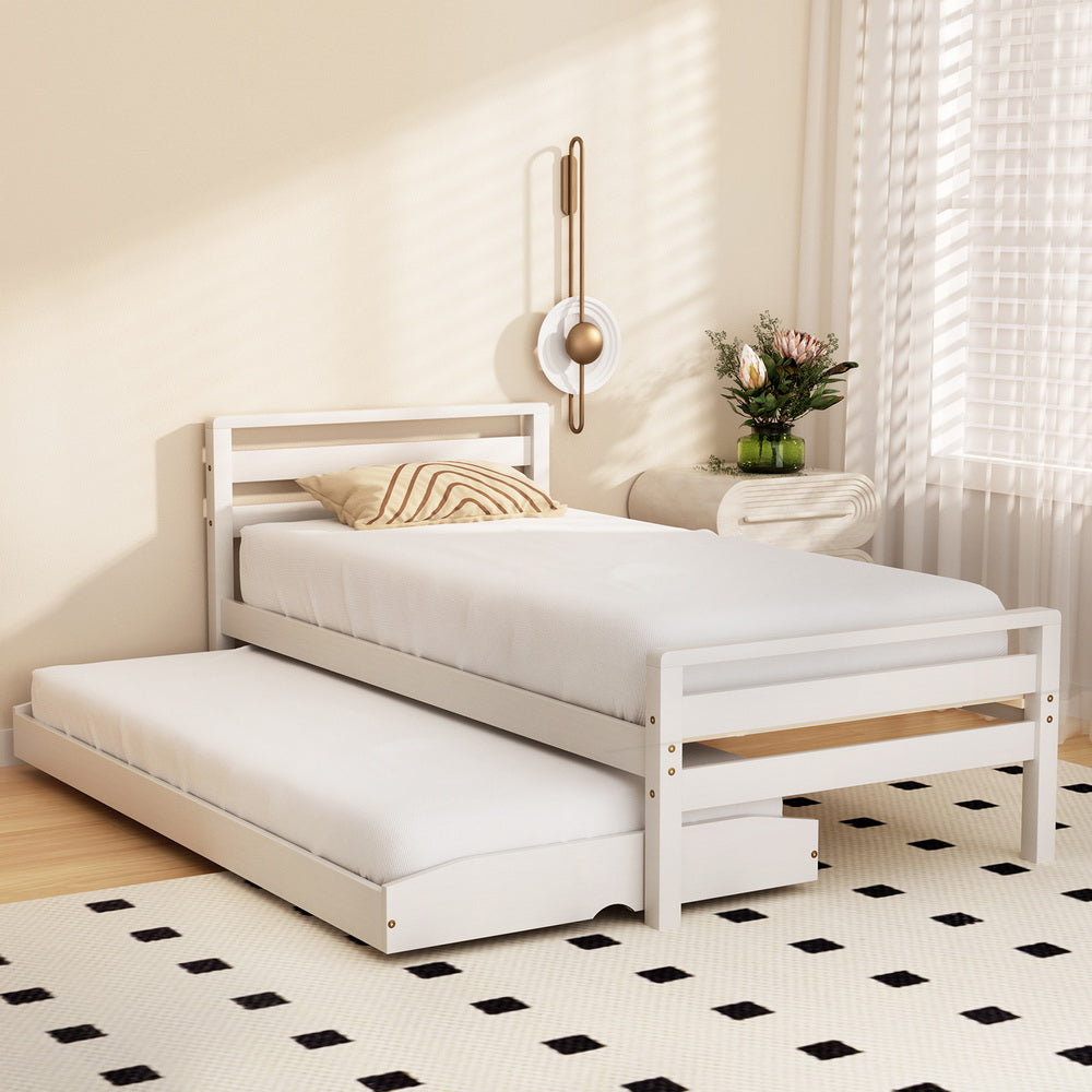 Artiss Bed Frame Single Size 2-in-1 Trundle Wooden White AVIS