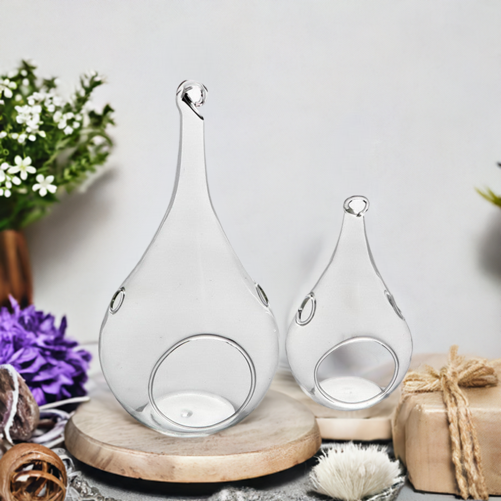 10 x Hanging Clear Glass Tealight Candle Holder Tear Drop Pear Hour Glass Shape - 20cm High