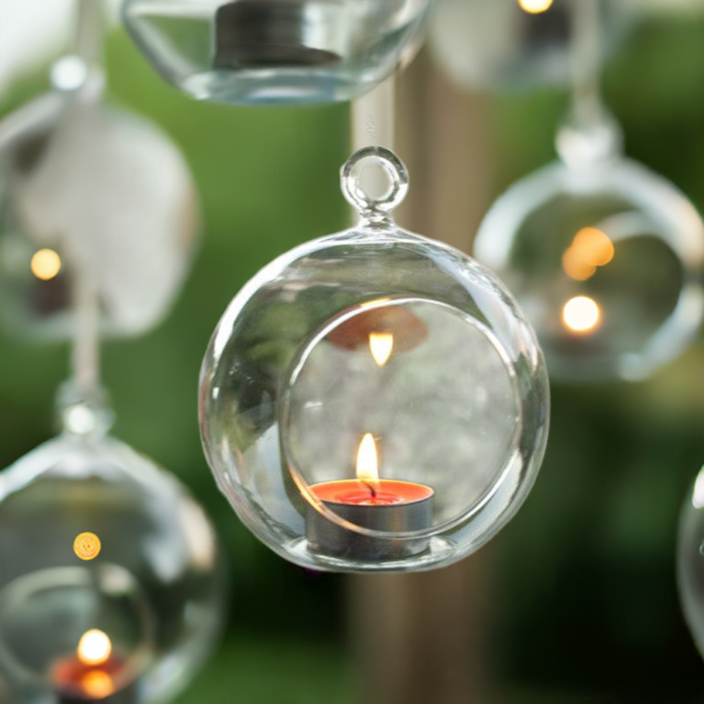 10 x Hanging Clear Glass Ball Tealight Candle Holder  - 8cm Diameter / High