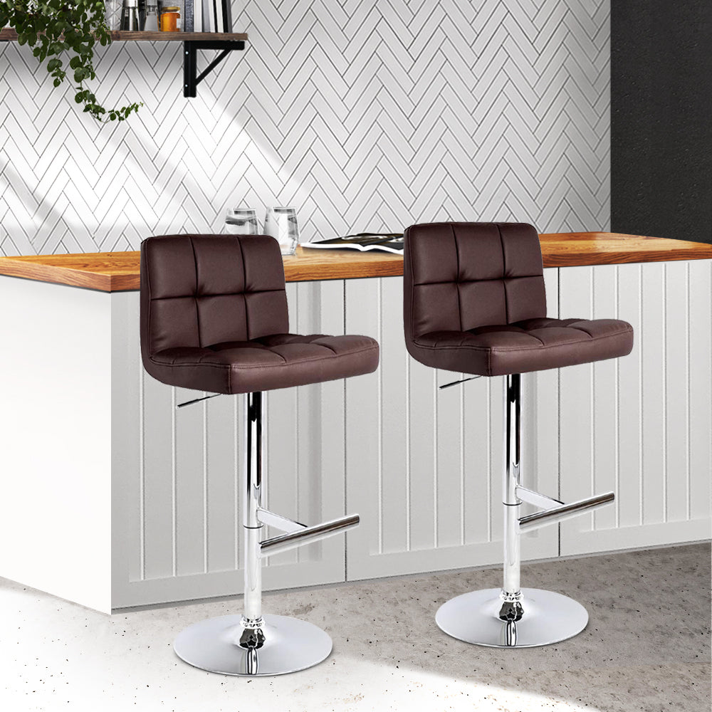 Artiss 2x Bar Stools Leather Gas Lift Brown