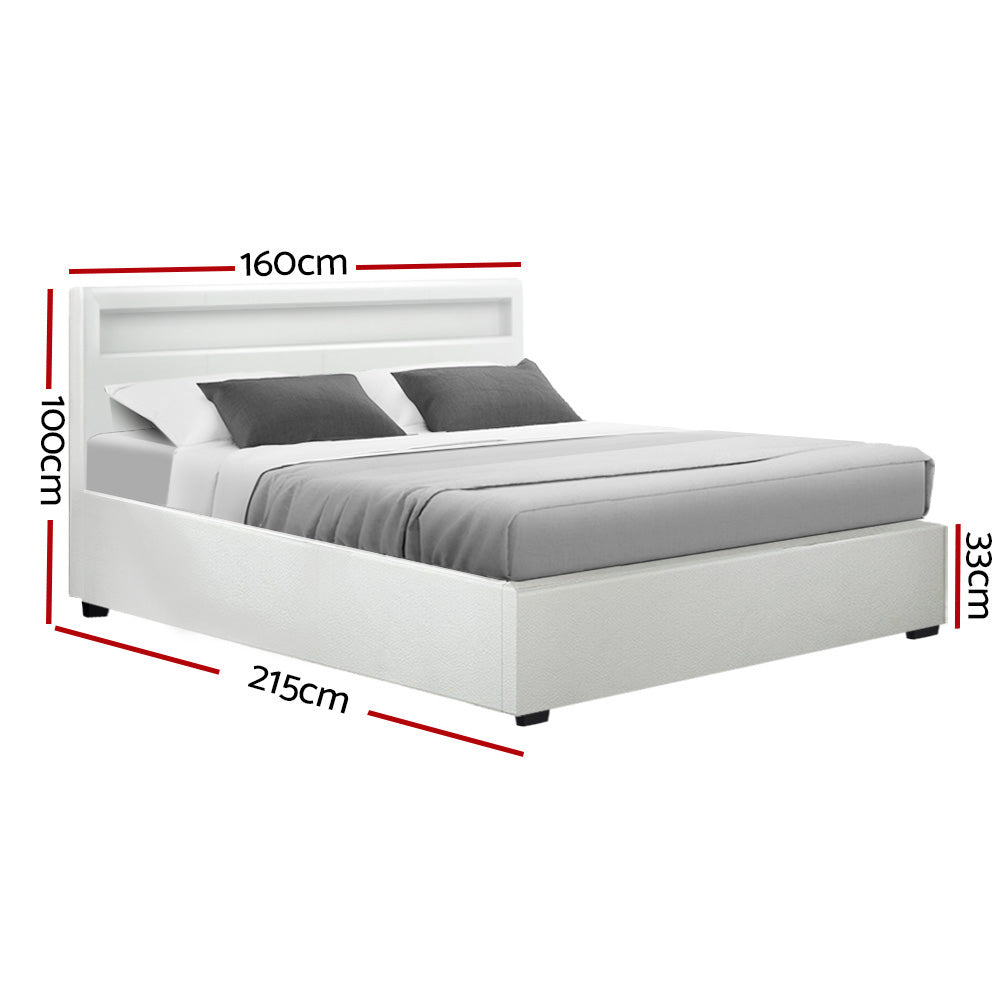 Artiss Bed Frame Queen Size LED Gas Lift White COLE